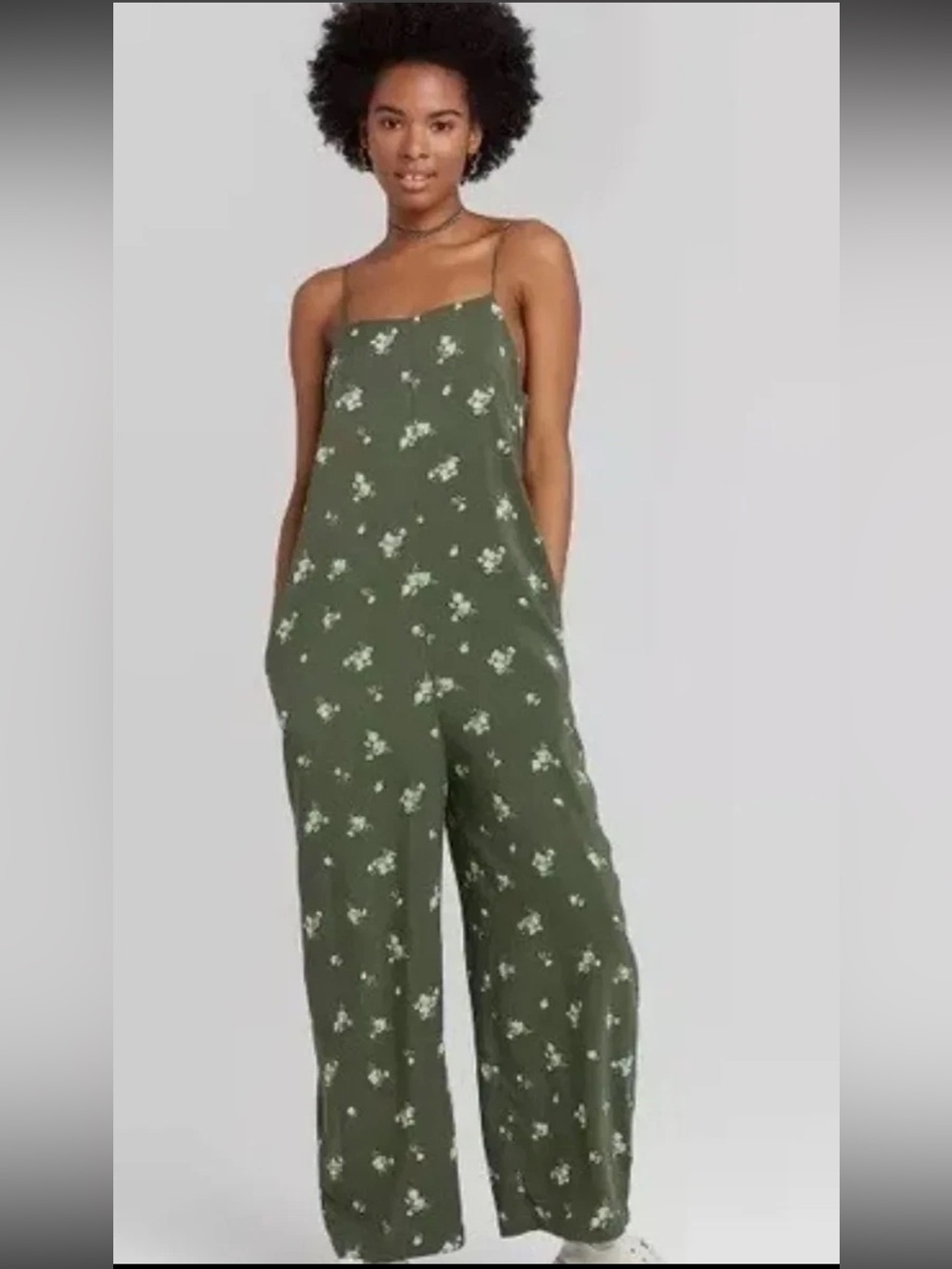 Wild Fable Olive Green Floral Wide Leg Jumpsuit Sz L